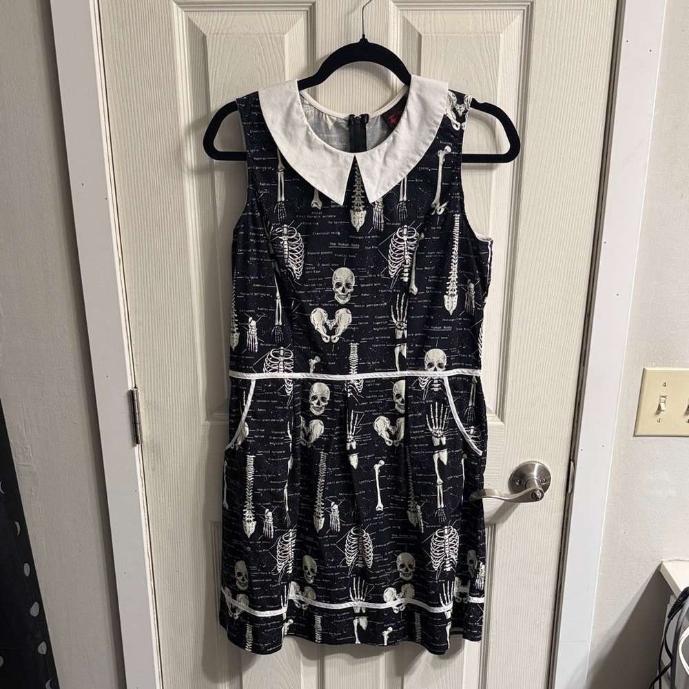 Modcloth Skeleton Print Black Dress with White Collar